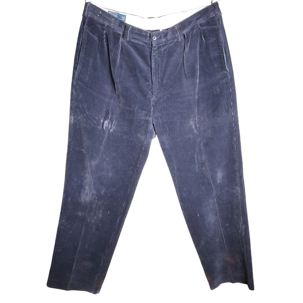 Ralph Lauren Corduroy Pants Mens 38x30 Navy Blue Pleated Straight Leg Casual